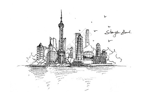 上海建筑黑白东方明珠外滩插画