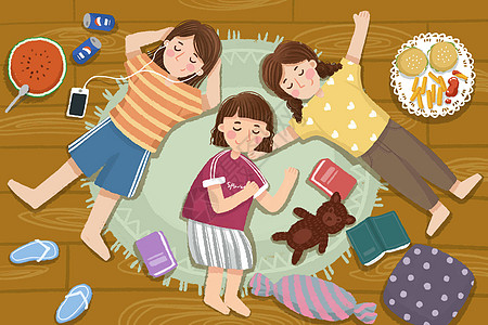 暑假看书孩子假期女孩们悠闲午睡插画