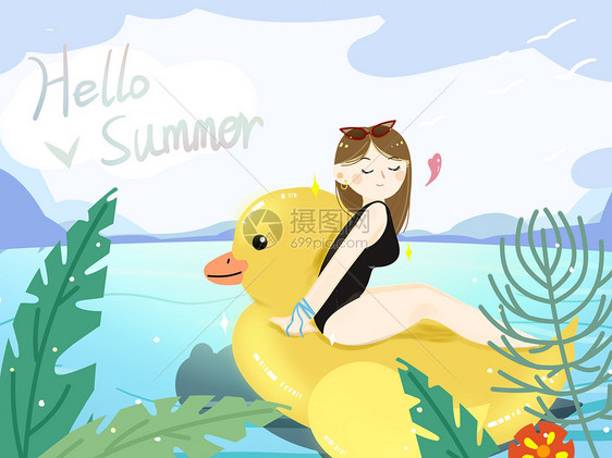 夏季沙滩美女小黄鸭插画图片