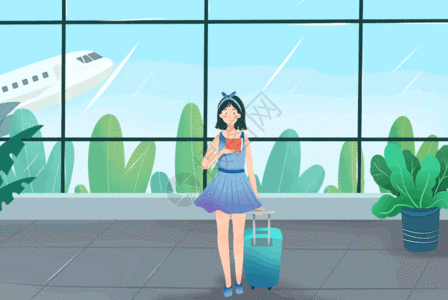 飞机插画女孩去旅行gif动图高清图片