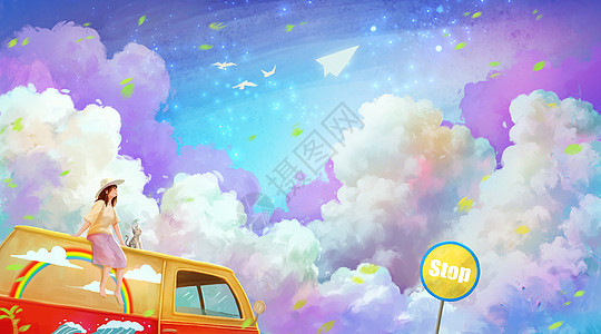 巴士汽车彩云下的旅行少女插画