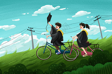 毕业季大学生毕业骑自行车插画小清新学生图片