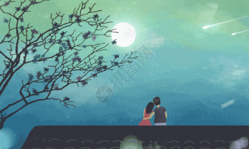 情侣夜晚看月亮 插画GIF图片
