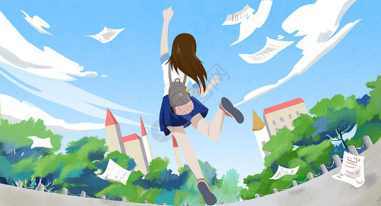 毕业季宣传单女孩考完开心毕业放学画面插画