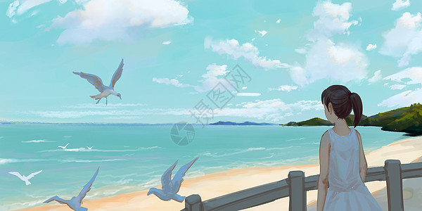 沙滩木板夏天海边女孩插画