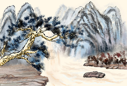 水墨的山水树木背景图片