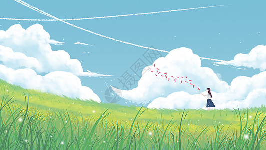 天空飞机清新草地风景插画