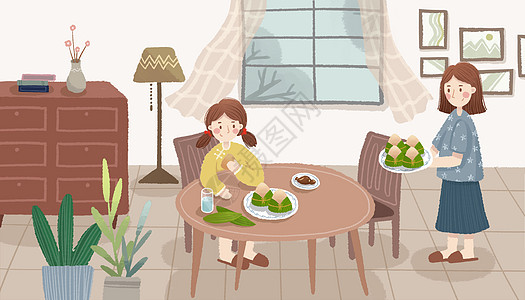 小孩吃早餐端午节吃粽子插画