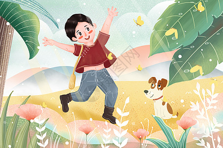 治愈系六一儿童节小女孩追蝴蝶插画图片素材