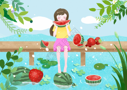 草莓樱桃夏天 草莓 西瓜 河岸的女孩gif高清图片