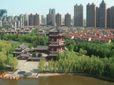 中式建筑设计中式园林公园4K航拍高清图片