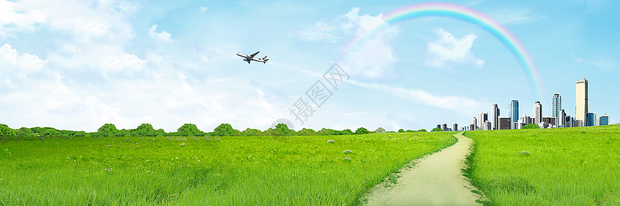 蓝天白云彩虹草地城市背景设计图片
