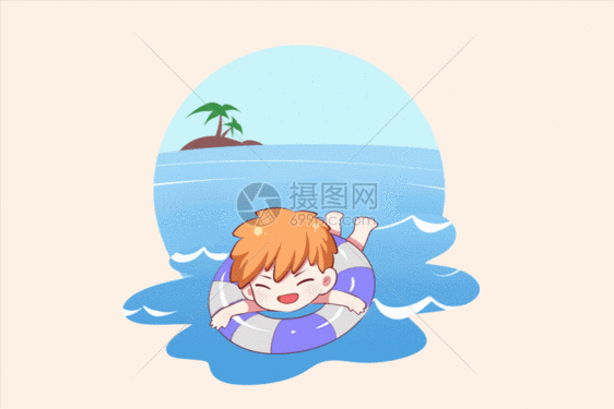 夏日手绘卡通游泳男孩gif动图图片