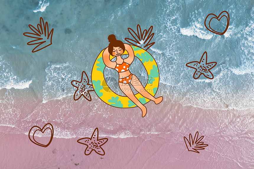 创意插画海边躺在游泳圈上的女孩