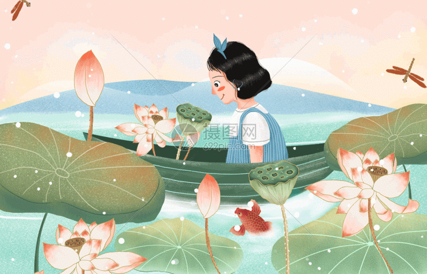 该gif动态图片标题为治愈系小清新夏天小女孩采荷花插画gif,编号