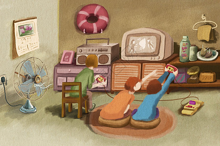 90年代儿童节童年回忆打游戏机插画