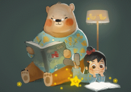 熊爸爸和小女孩在看书gif图片