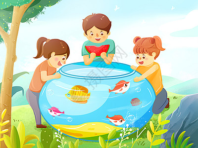 家庭活动暑期夏日玩鱼插画