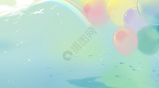气球海面彩虹之地背景图片