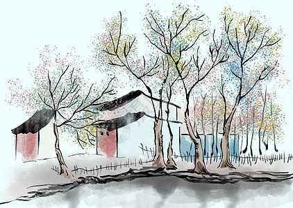 夏日江南乡村手绘风景高清图片素材