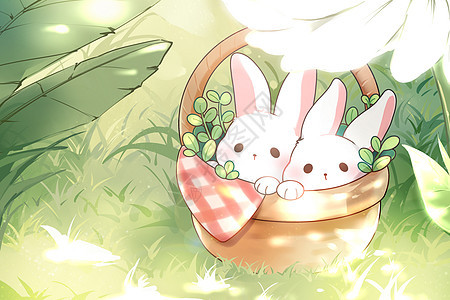 夏天草丛里的一篮兔子图片