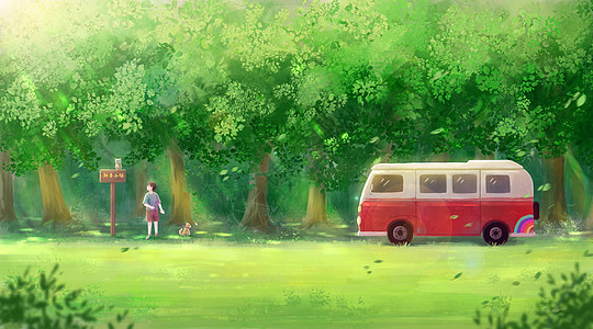 夏日旅行巴士插画高清图片