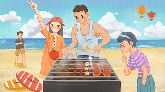 BBQ烤翅夏日海边沙滩烧烤聚餐插画