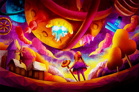 魔法女孩与科幻科技星球背景图片