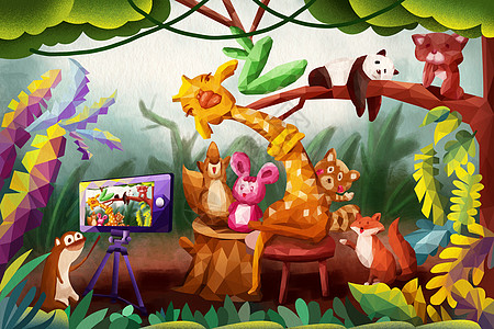 松树可爱森林可爱动物聚会照相玩耍插画