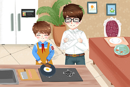父慈子孝少年为父亲做早餐的温馨画面插画