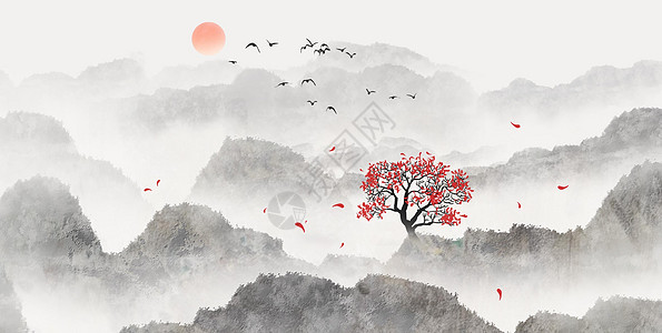 烟雾笔刷中国风山水画插画