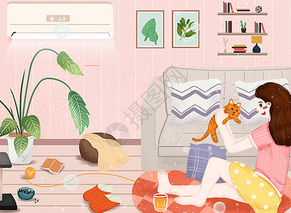 小清新夏季居家撸猫插画图片