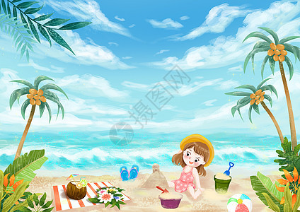 小暑高温女孩海边度假玩耍避暑背景图片