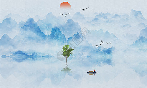 背景墙背景中国风山水画插画