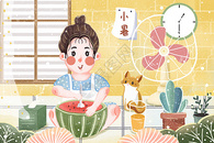 扁平小清新小暑节气之女孩吃西瓜插画图片
