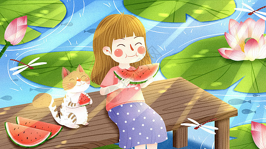 清新夏天夏至小女孩吃西瓜插画图片