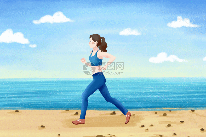 女生海边跑步健身GIF图片
