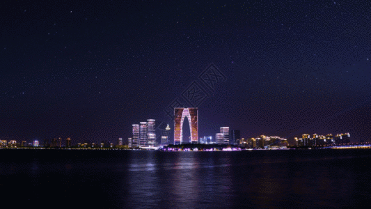 苏州夜景延时东方之门灯光秀GIF高清图片