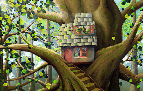 精品零售树上的房子插画