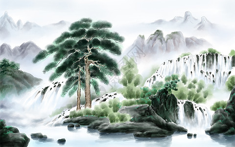 青山流水青松飞瀑插画