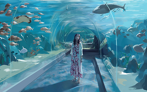 海洋动物海马海洋世界隧道插画