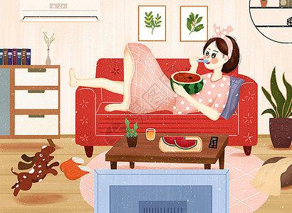 夏季居家避暑吃西瓜看电视插画图片