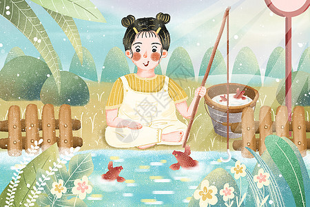 可爱小清新暑假河边小女孩钓鱼插画图片
