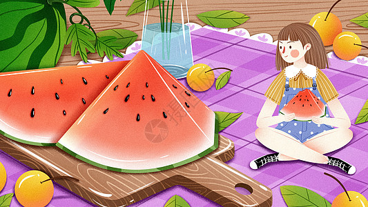 二十四节气小暑吃西瓜插画图片