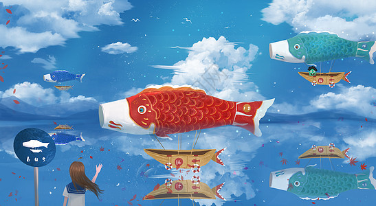 夏日鲸幻想插画插画图片下载 正版图片 摄图网