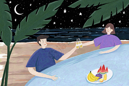 啤酒手绘海边约会情侣插画
