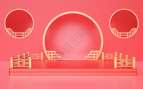 中国风红红金色中国风展台设计图片