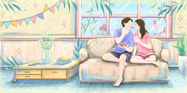 粉笔画背景宅家里沙发上吃点心的情侣插画