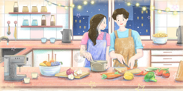 粉笔画背景厨房一起做饭的情侣插画