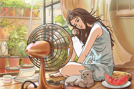 风扇素材炎热夏天吹风扇的女孩插画
